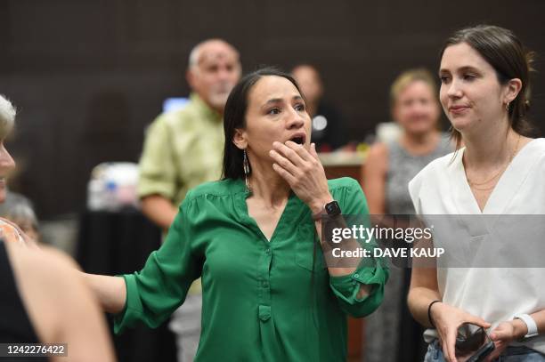 Representative Sharice Davids reacts to the announcement of the failed constitutional amendment proposal at the Kansas Constitutional Freedom Primary...