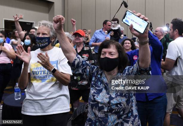 Pro-choise supporters cheer as the proposed Kansas Constitutional amendment fails as they watch the call from the networks during the pro-choice...
