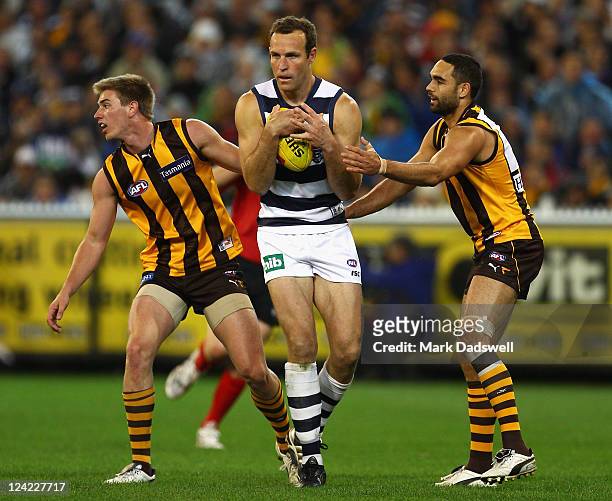 Brad Ottens of the Cats marks during the AFL Second Qualifying match between the Geelong Cats and the Hawthorn Hawks at Melbourne Cricket Ground on...