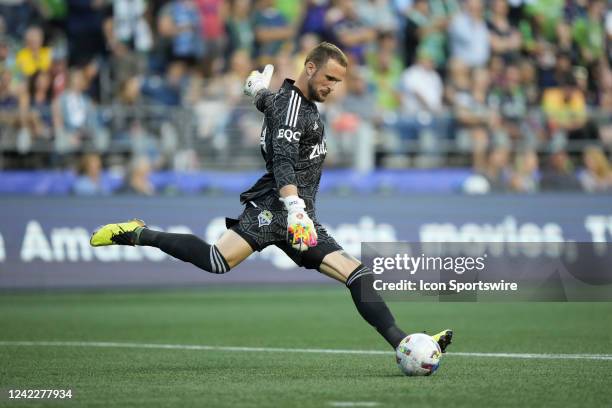 Seattle Sounders goalkeeper Stefan Frei kicks the ball during an MLS game between FC Dallas and the Seattle Sounders on August 2, 2022 at Lumen Field...