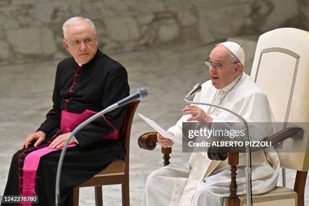 Pope Francis speaks during his weekly general audience in the Paul VI hall at the Vatican on August 3, 2022.