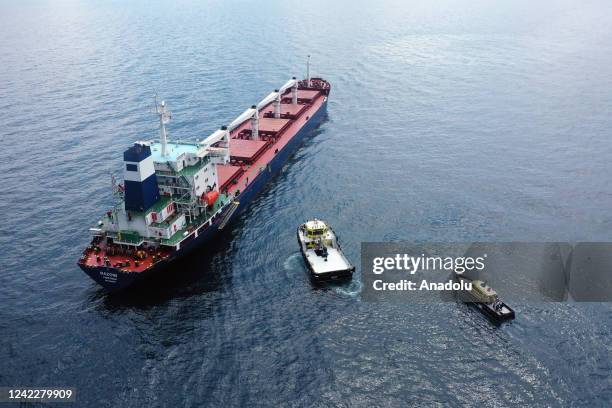 An aerial view of one-flagged dry cargo ship Razoni, carrying a cargo of 26,527 tons of corn, departed from port of Odessa to reach Lebanon and...
