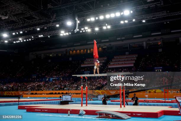 Joe Fraser of England during his gold medal performance in the Men's Parallel Bars Final in Artistic Gymnastics at the Birmingham 2022 Commonwealth...