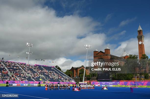 Team Canada and Team Indie line up ahead of the women's pool A hockey match between Canada and India on day six of the Commonwealth Games at the...