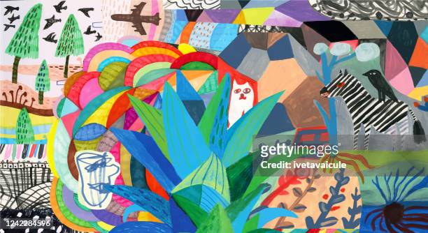 bildbanksillustrationer, clip art samt tecknat material och ikoner med färgglatt collage med färgglada mönster, växter, djur och människor - animals on plane