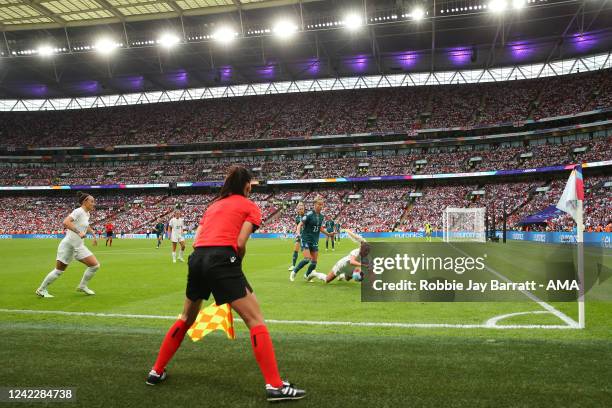 General view of match action at Wembley Stadium during the UEFA Women's Euro England 2022 final match between England and Germany at Wembley Stadium...