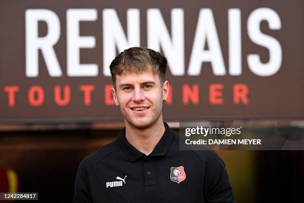 Stade Rennais's newly recruited defender Wales' Joe Rodon poses on the pitch during his presentation at the Roazhon Park stadium in Rennes,...