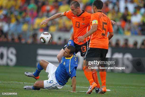 Holland Andre Ooijer Brazil Luis Fabiano during the World Cup match between Holland v Brazil on July 2, 2010