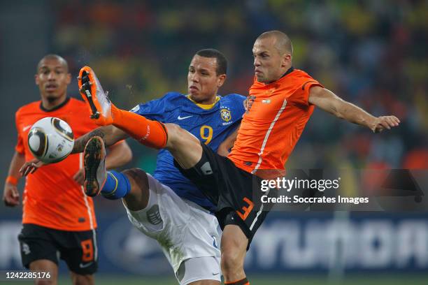 Holland John Heitinga Brazil Luis Fabiano during the World Cup match between Holland v Brazil on July 2, 2010