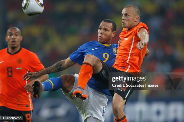 Holland John Heitinga Brazil Luis Fabiano during the World Cup match between Holland v Brazil on July 2, 2010