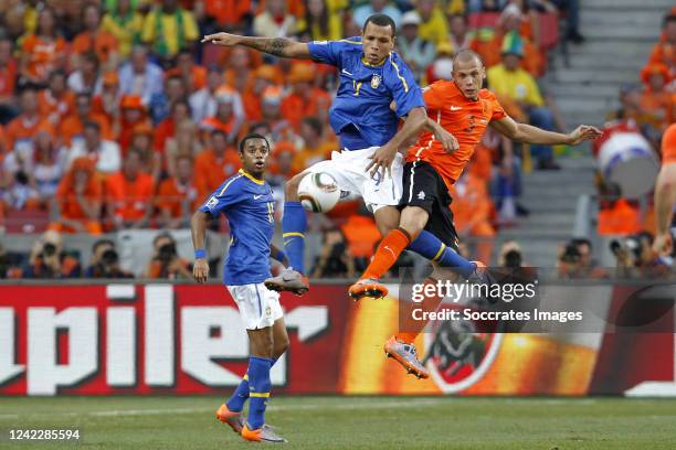 Holland John Heitinga , Brazil Luis Fabiano , Robinho during the World Cup match between Holland v Brazil on July 2, 2010