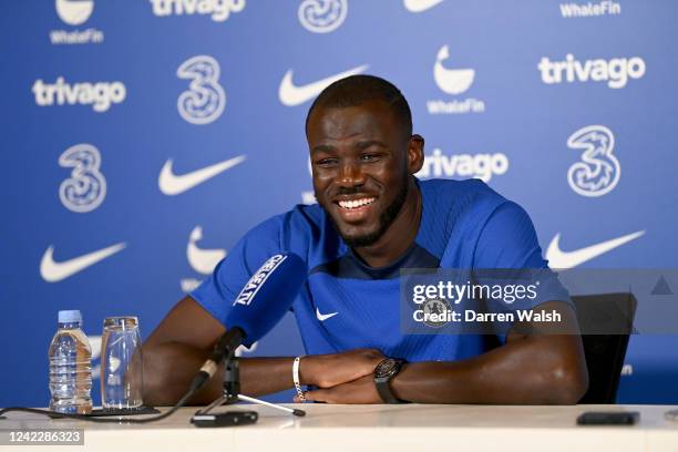 Kalidou Koulibaly of Chelsea during a press conference at Chelsea Training Ground on August 3, 2022 in Cobham, England.