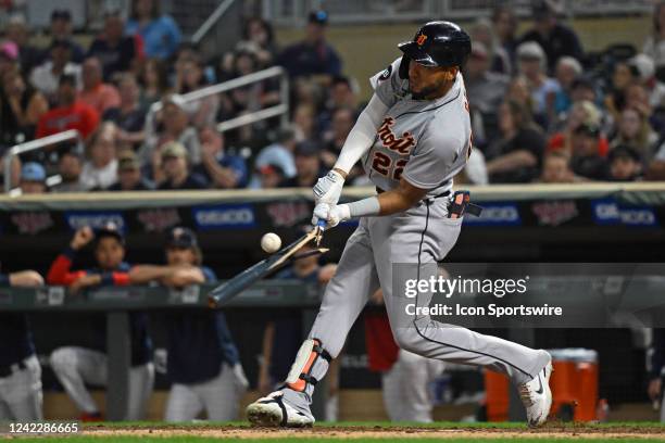 Detroit Tigers outfielder Jose Reyes shatters his bat on a swing during a game between the Minnesota Twins and Detroit Tigers on August 1, 2022 at...