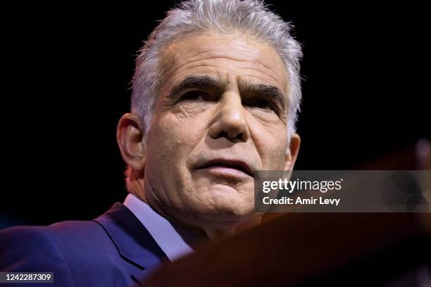 Israeli Prime Minister and 'Yesh Atid' Party leader, Yair Lapid speaks during the party's opening election campaign rally ahead Israel's general...