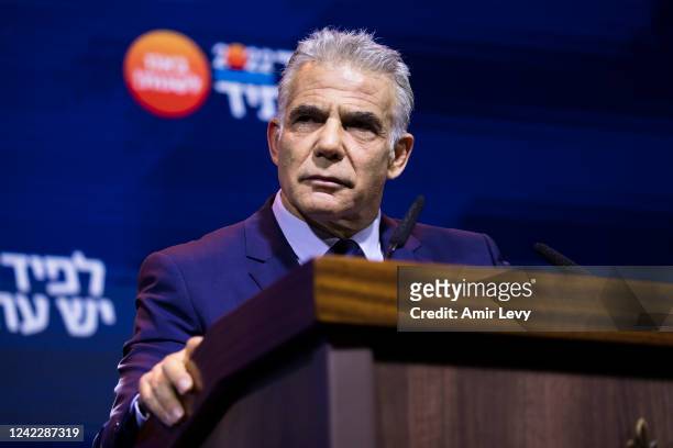 Israeli Prime Minister and 'Yesh Atid' Party leader, Yair Lapid speaks during the party's opening election campaign rally ahead Israel's general...