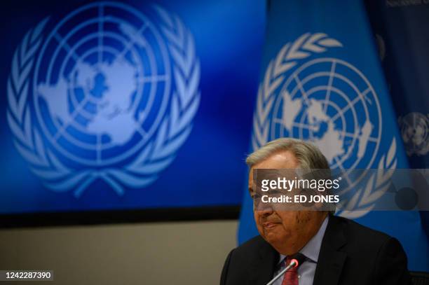 Secretary General Antonio Guterres attends a press conference introducing the third report of the Global Crisis Response Group, examining the impact...