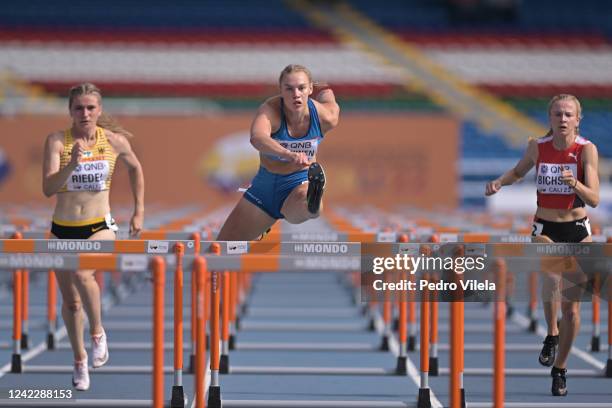 Saga Vanninen of Team Finland competes in the Womens 100m hurdles on day three of the World Athletics U20 Championships Cali 2022 at Pascual Guerrero...