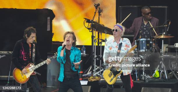 August 2022, Berlin: Ron Wood , Mick Jagger and Keith Richards of the band Rolling Stones perform during the anniversary tour "Sixty" at the...