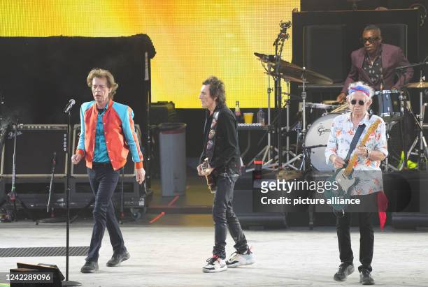 August 2022, Berlin: Mick Jagger , Ron Wood and Keith Richards of the British band The Rolling Stones during the anniversary tour "Sixty" at the...
