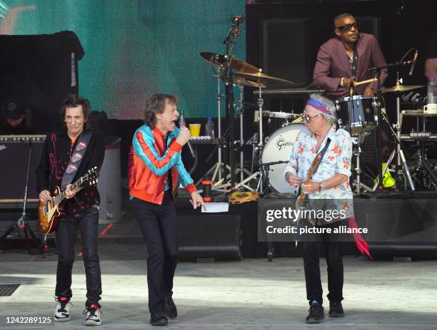 August 2022, Berlin: Mick Jagger , Ron Wood and Keith Richards of the British band The Rolling Stones during the anniversary tour "Sixty" at the...