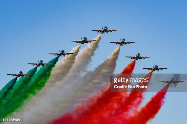 Tricolor Arrows . National Aerobatic Team in training. During the News Frecce Tricolore PAN - Air Show on August 03, 2022 at the Sagano Beach Lido...