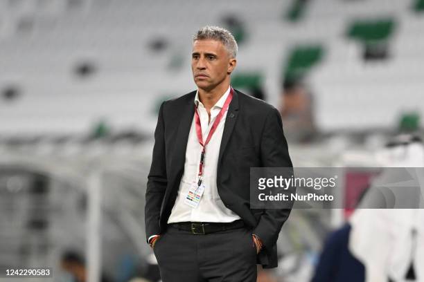 Al Duhail manager, Hernan Crespo, reacts during the QNB Stars League match between Al Duhail SC and Al Wakrah SC at Education City Stadium in Doha,...