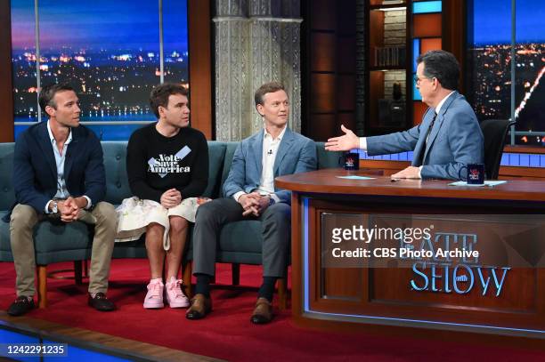 The Late Show with Stephen Colbert and guests Jon Favreau, Jon Lovett and Tommy Vietor during Tuesdays August 2, 2022 show.