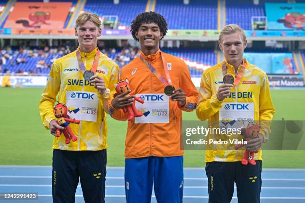 Silver medalist Jacob Thelander of Team Sweden, gold medalist Gabriel Emmanuel of Team Netherlands and bronze medalist Elliot Duvert of Team Sweden...