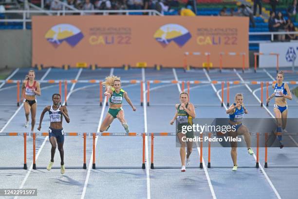 Isabella Guthrie of Team Australia competes in the Womens 400m hurdles semi-final on day three of the World Athletics U20 Championships Cali 2022 at...