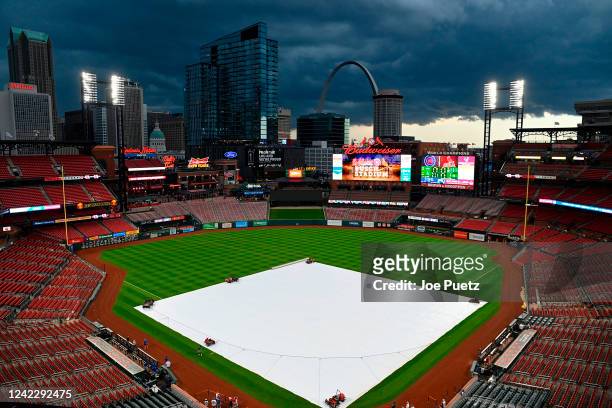 General view of Busch Stadium during a weather delay prior to a game between the St. Louis Cardinals and the Chicago Cubs on August 3, 2022 in St...
