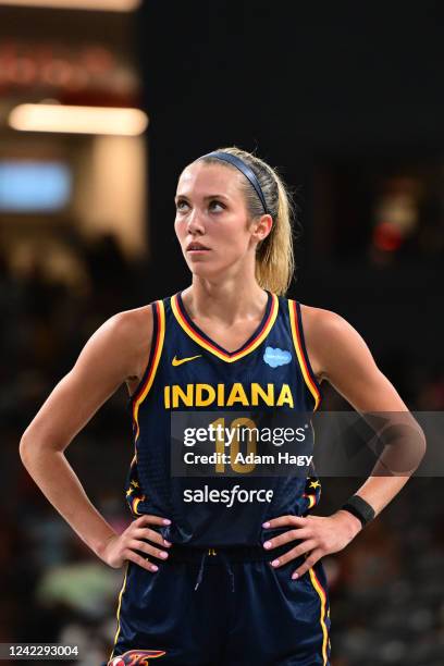 Lexie Hull of the Indiana Fever looks on during the game against the Atlanta Dream on August 3, 2022 at Gateway Center Arena in College Park,...