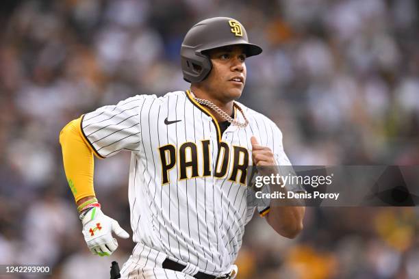 Juan Soto of the San Diego Padres advances to first base on a walk in the first inning against the Colorado Rockies August 3, 2022 at Petco Park in...