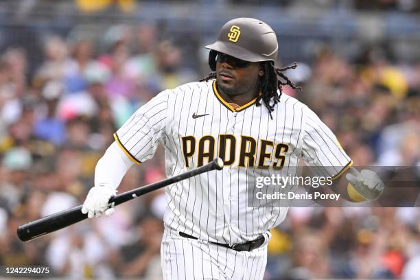 Josh Bell of the San Diego Padres walks in the first inning against the Colorado Rockies August 3, 2022 at Petco Park in San Diego, California. Bell...