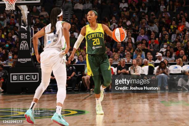 Briann January of the Seattle Storm handles the ball during the game against the Minnesota Lynx on August 3, 2022 at the Climate Pledge Arena in...