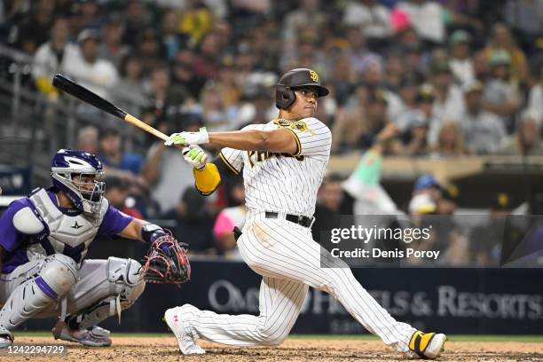 Juan Soto of the San Diego Padres hits a single in the eighth inning against the Colorado Rockies August 3, 2022 at Petco Park in San Diego,...