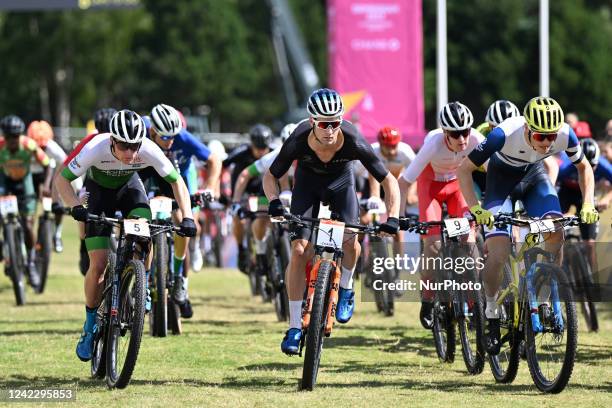 Sam Gaze of New Zealand leads off the pack in the Men's Cross Country Cycling during the Birmingham 2022 Commonwealth Games on Wednesday 3rd August...