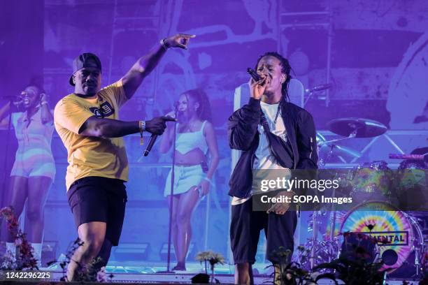 Leon Locksmith Rolle aka DJ Locksmith and Rapper Beenie Man with British drum and bass band Rudimental performing live on stage with various guest...