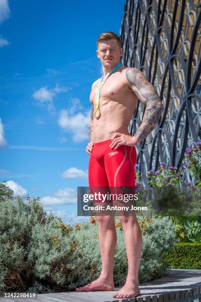 Adam Peaty of Team England. Speedo sponsored swimmers display their Birmingham 2022 Commonwealth Games Medals at Birmingham Library on , August 04,...