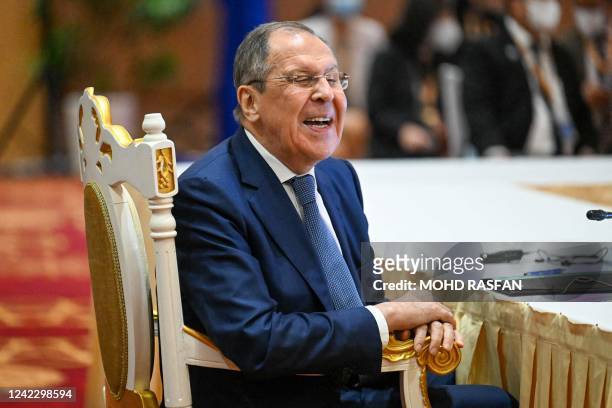 Russia's Foreign Minister Sergei Lavrov reacts during the ASEAN-Russia Ministerial meeting as part of the 55th ASEAN Foreign Ministers' meeting in...