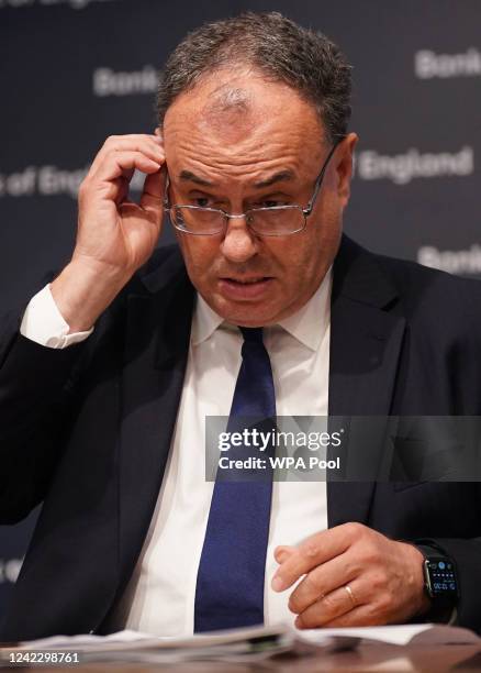 Governor of the Bank of England, Andrew Bailey speaks during the Bank of England's financial stability report press conference, at the Bank of...