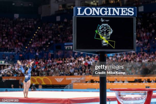 Commercial branding for sponsor, partner and official timekeeper Longines at the Birmingham Arena for Artistic Gymnastics at the Birmingham 2022...