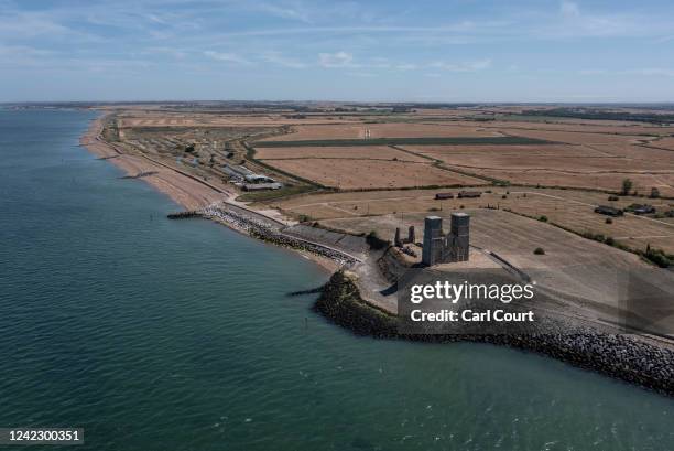 The 7th century Reculver Towers and Roman Fort, which has been partially destroyed by cliff erosion, is pictured on August 3, 2022 in Herne Bay,...