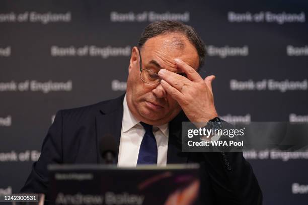 Governor of the Bank of England, Andrew Bailey speaks during the Bank of England's financial stability report press conference, at the Bank of...