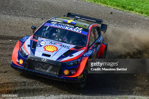 Oliver Solberg of Sweden and Elliott Edmondson of Great Britain are competing with their Hyundai Shell Mobis WRT Hyundai i20 N Rally1 Hybrid during...