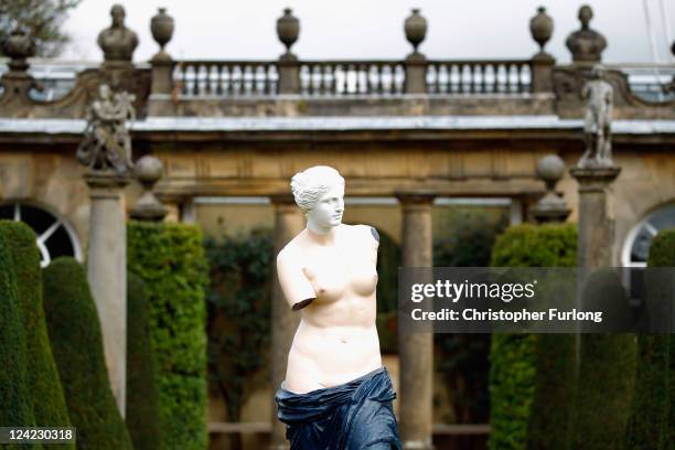 Detail from the sculpture entitled Les Menottes de Cuivre by Rene Magritte in the gardens of Chatsworth House on September 9, 2011 in Chatsworth,...