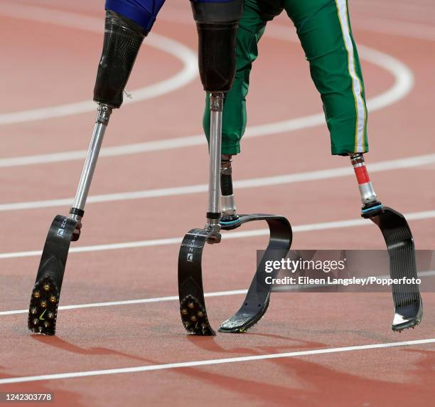 Close-up of the blades of athletes who competed in the men's 200 metres T42 during the World Para Athletics Championships at the London Stadium on...