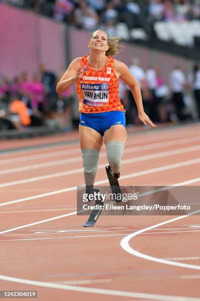 Marlou van Rhijn of the Netherlands competing in the women's 100 metres T44 event during the World Para Athletics Championships at the London Stadium...