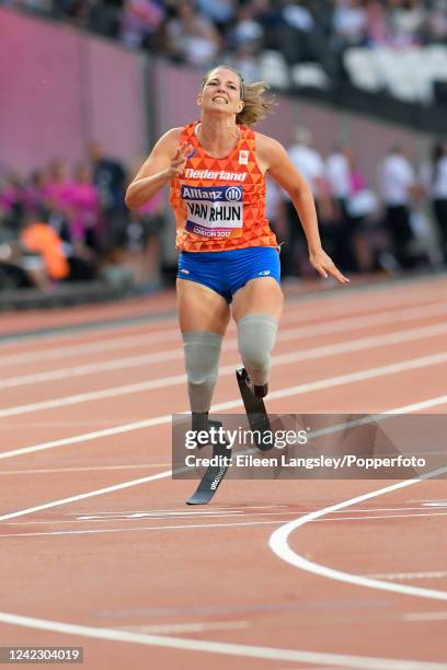 Marlou van Rhijn of the Netherlands competing in the women's 100 metres T44 event during the World Para Athletics Championships at the London Stadium...