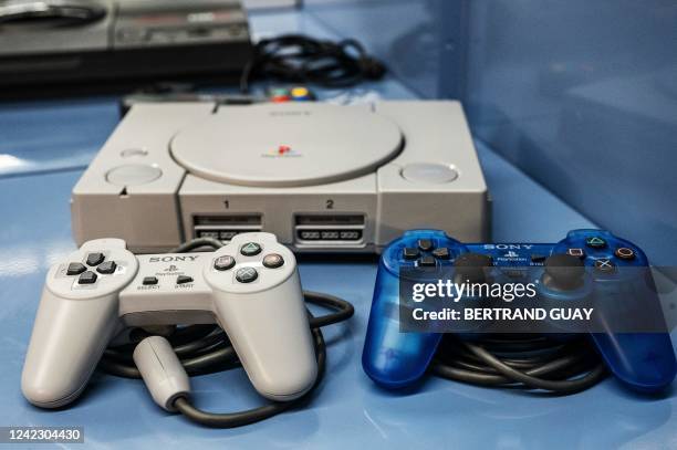 This photograph taken on August 4, 2022 shows the Sony home video game console PlayStation 1 belonging to the Charles Cros collection exposed at the...