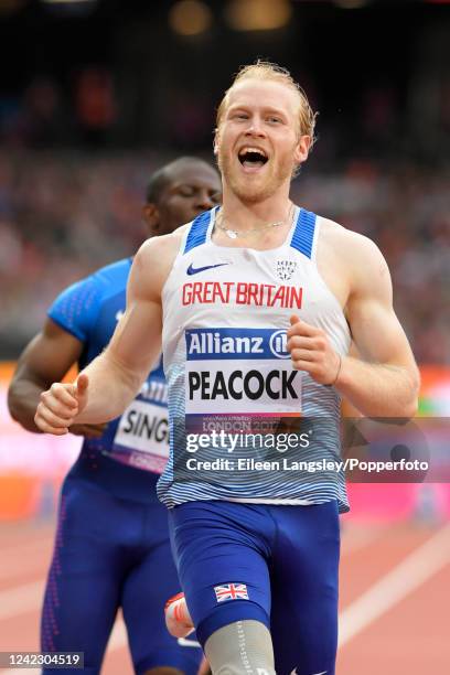 Jonnie Peacock of Great Britain reacts after crossing the line to win heat one of the men's 100 metres T44 during the World Para Athletics...